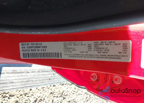 2022 Ram 1500 Trx 4X4 5'7 Box z USA, uszkodzony, nr VIN 1C6SRFU90NN112423